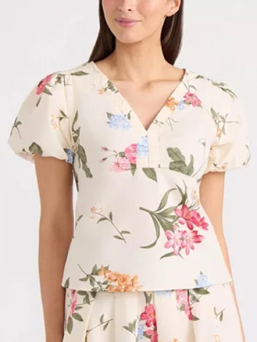Ellen Tracy Poplin Floral Balloon Sleeve Cotton Blouse